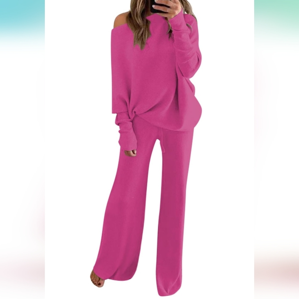 Hot Pink Womens Knitted Outfits 2 Pieces Wide Leg Pant Set